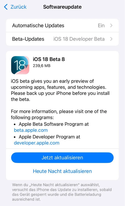 黔南苹果手机维修分享苹果 iOS / iPadOS 18 开发者预览版 Beta 8 发布 